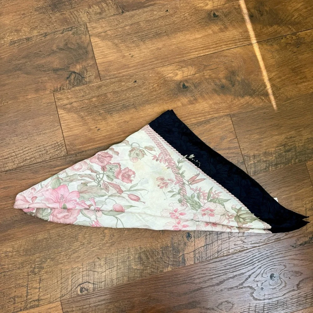 Hiroko for Dozo Cream / Pink Floral  Black Trim Silk Scarf